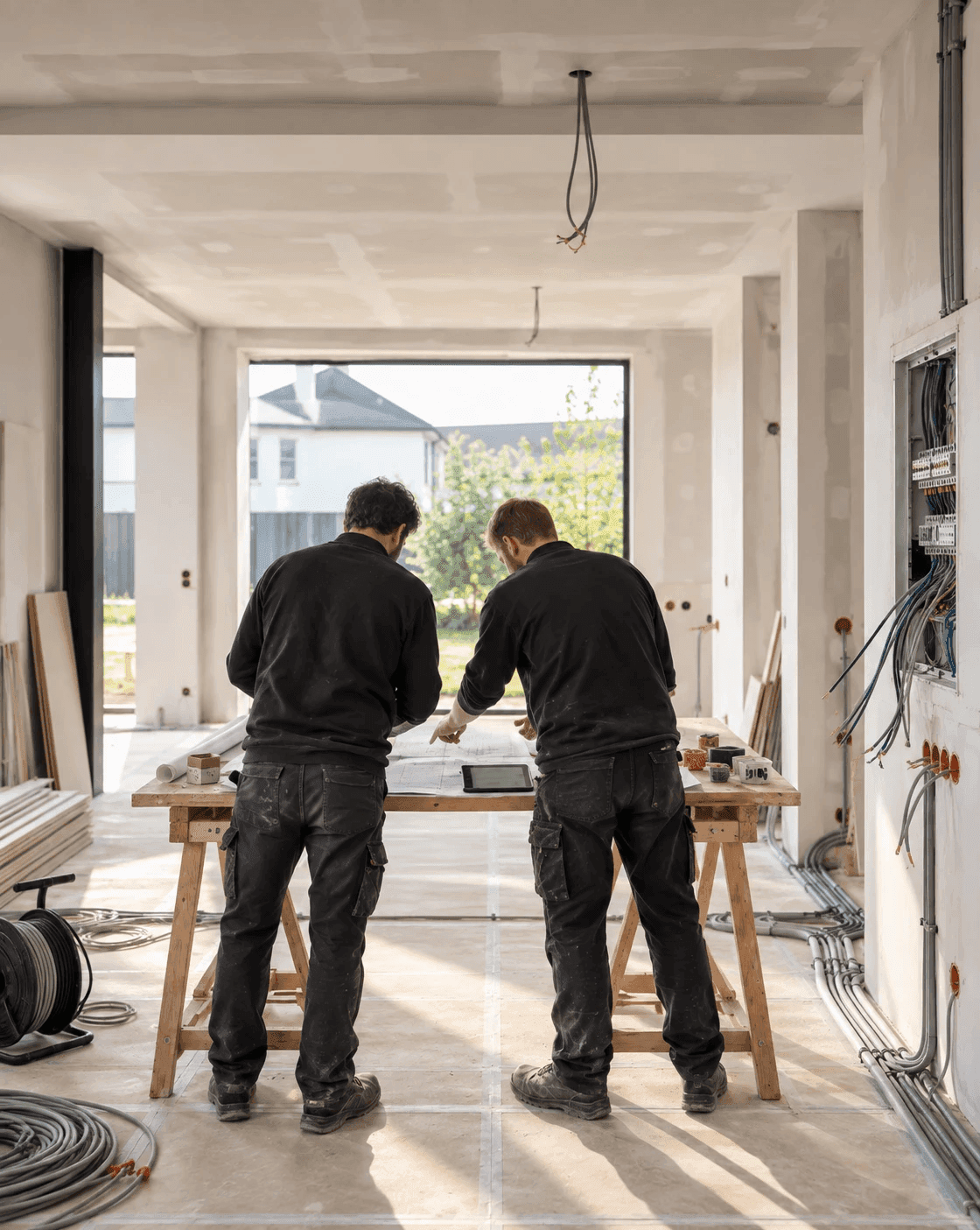 Zwei Handwerker besprechen Baupläne auf einer Baustelle, im Hintergrund eine offene Elektroinstallation mit Verteilerkasten und Kabeln
