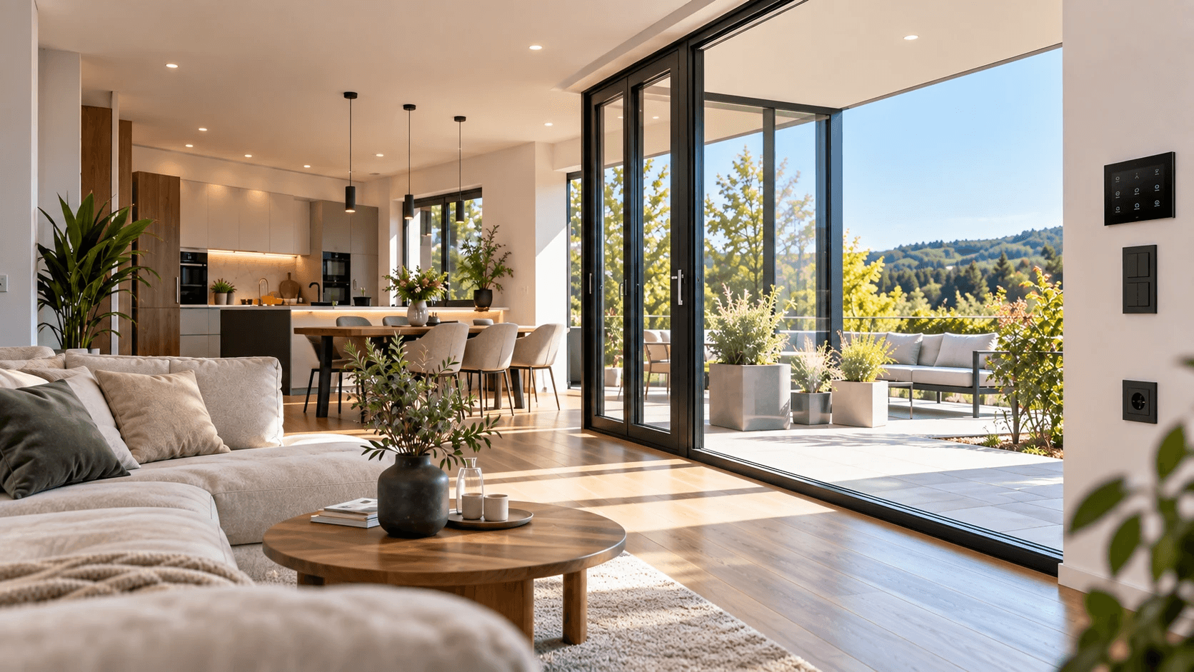 Moderner, lichtdurchfluteter Wohnraum mit Küche, Essbereich und Zugang zum Balkon